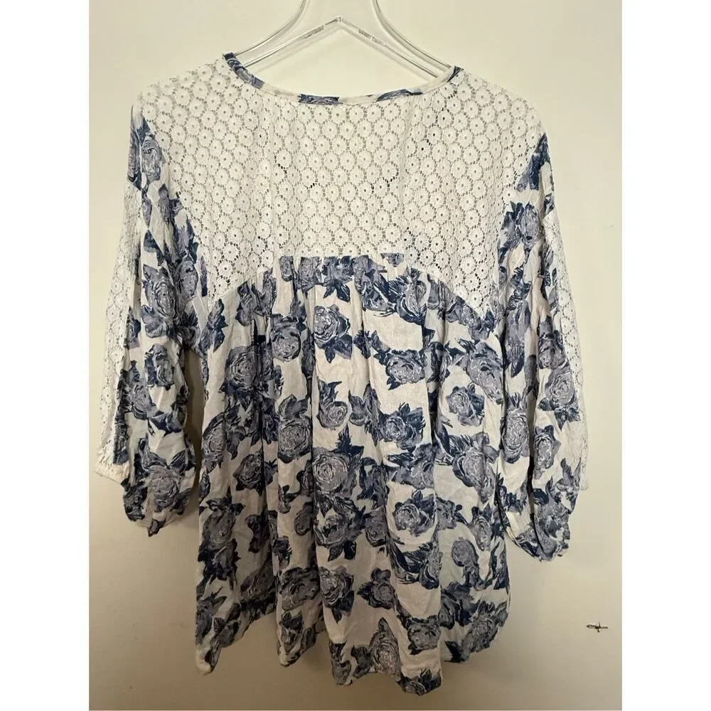 Free People Womens Blouse Blue Moon River White Floral 3/4 Sleeve Tie Lace Small